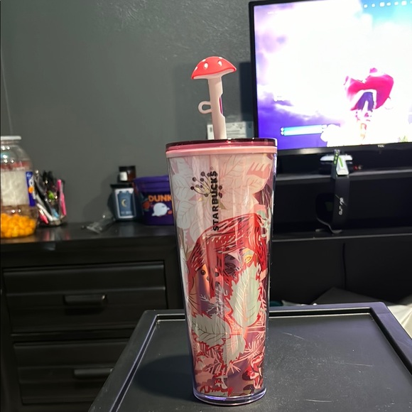 Starbucks Other - Starbucks Pink Leaf Tumbler with Mushroom Straw